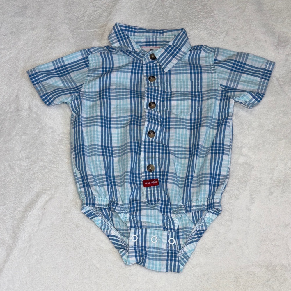 Wrangler Light Blue and Navy Plaid Short-Sleeve Onesie